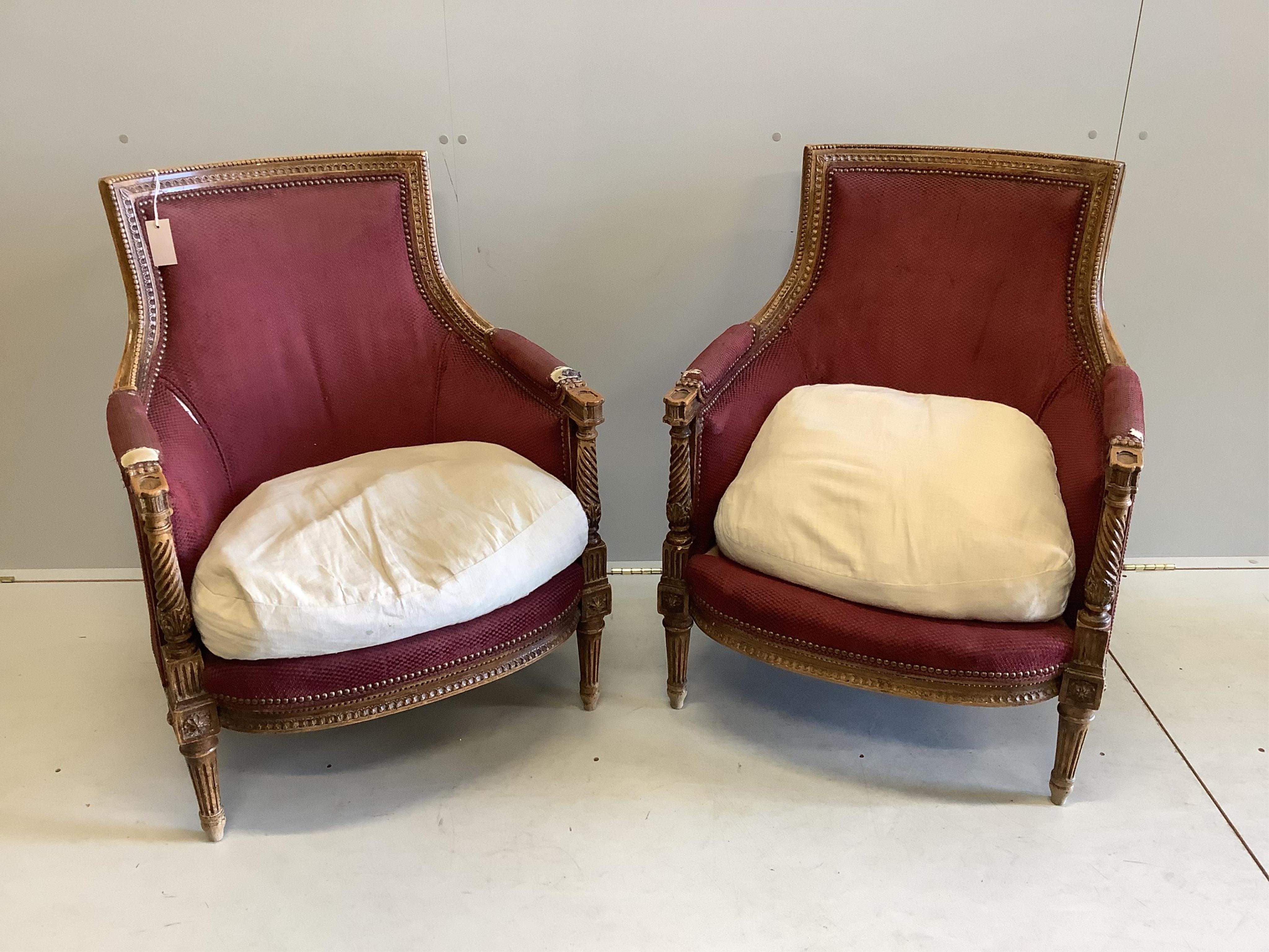 A pair of Louis XVI style beech armchairs, width 68cm, depth 52cm, height 89cm. Condition - poor